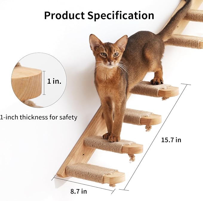 FUKUMARU Cat Climbing Shelf Wall Mounted, Small | Four Step Cat Stair, Natural Jute Scratching, Solid Rubber Wood, Kitten Shelves Furniture