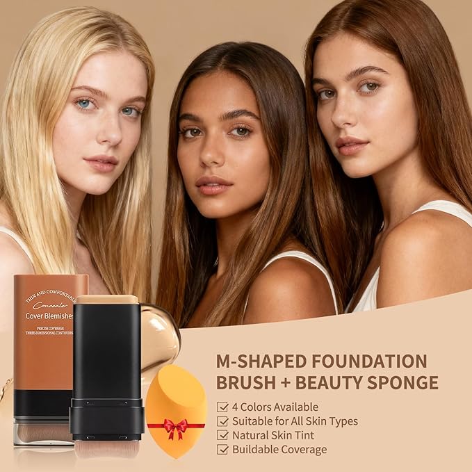 Full Coverage Foundation Stick with Contour Brush, Water Resistant & Lightweight Foundation Makeup with Beauty Sponge, Buildable Concealer Stick for Multiple Skin Tones, Daily Natural Matte Finish