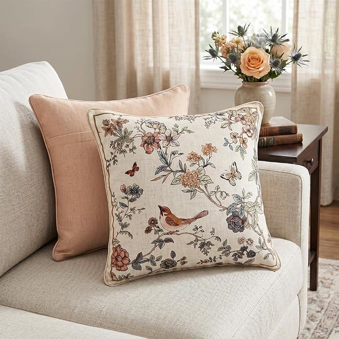 Designer Vintage Linen Throw Pillow Cover,18"x18"-Cornucopia A | Elegant French Square Pillow Cover,Concealed Zipper,Floral and Bird Pattern,Sofas,Bedroom,Living Room,Lounge Chairs