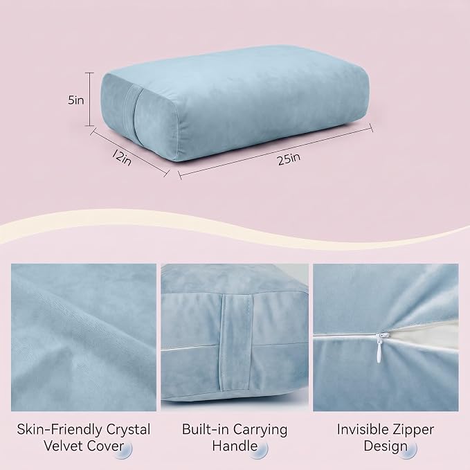 Yoga Bolster Pillow, Curved Wedge for Deep Stretch & Prenatal Support, 25"×12"×5", Sponge Bead-Cotton Filling, Velvet Cover with Zipper & Handle for Yoga, Meditation & Pilates (Light Blue)