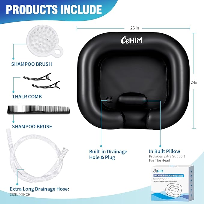 Inflatable Shampoo Basin - Portable Shampoo Bowl, Hair Washing Basin for Bedridden, Disabled,Injured, Hair Wash Tub for Dreadlocks and at Home Sink Washing (Black)