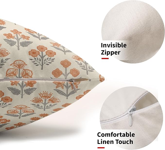 Orange Grey Gray Floral Pillow Covers 12x20 Inch Set of 2, Block Print Lumbar Flower Cream Decorative Throw Pillowcases Outdoor Farmhouse Rectangle Cushion Covers Spring Summer Sofa Couch Bed Decor