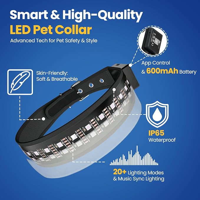 UNISE Customizable LED Dog Collar: RGB Color Changing Light Up Dog Collar