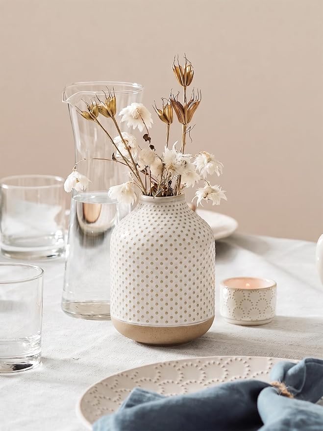Boho Flower Vase - 5.3 Inch Ceramic White Vase for Pampas Grass, Eucalyptus & Bouquets, Small Home Decor Vases with Dot Embossment, Rustic Farmhouse Centerpiece
