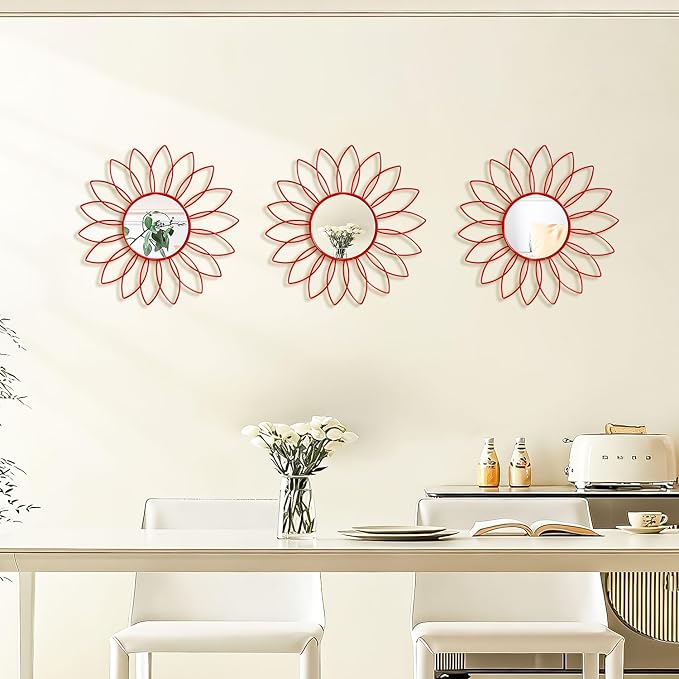 3 Pack Metal Mirrors for Wall Sunburst Wall Mirrors Home Décor Decorative Hanging Wall Art for Living Room Bedroom Entryway (Red, Flowers)
