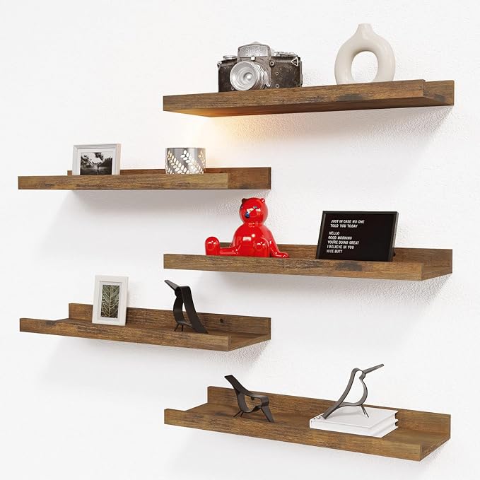 RICHER HOUSE 5-Set Floating Shelves with Lip, Brown Wall Mounted Wood Shelf | Display Picture Ledge Shelf, Anti-drop lip Shelf for Room Wall Decor, Bedroom Bathroom Storage Nursery Books, Easy Setup 16in