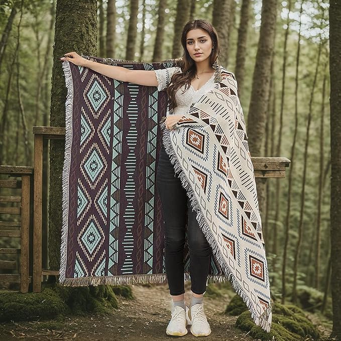 Lqprom Aztec Southwestern Throw Blanket,Native American Cover 51"x63" | Southwest Boho Style,Sofa Chair Cover,Outdoor Beach Car Tent Travel Camping Use,Reversible and lightweight,Tapestry,Tassels