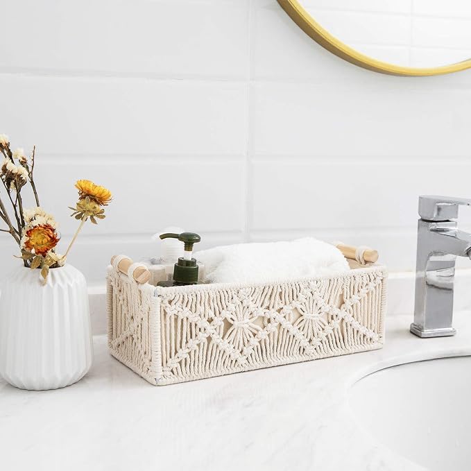 Mkono 2Pc Macrame Storage Basket, Boho Decor Toilet Paper Holder, Ivory | Small Baskets for Organizing, Hand-Woven, Bohemian Beach Coastal Decor, Shelf Vanity Cabinet Bedroom Living Room Office Dorm