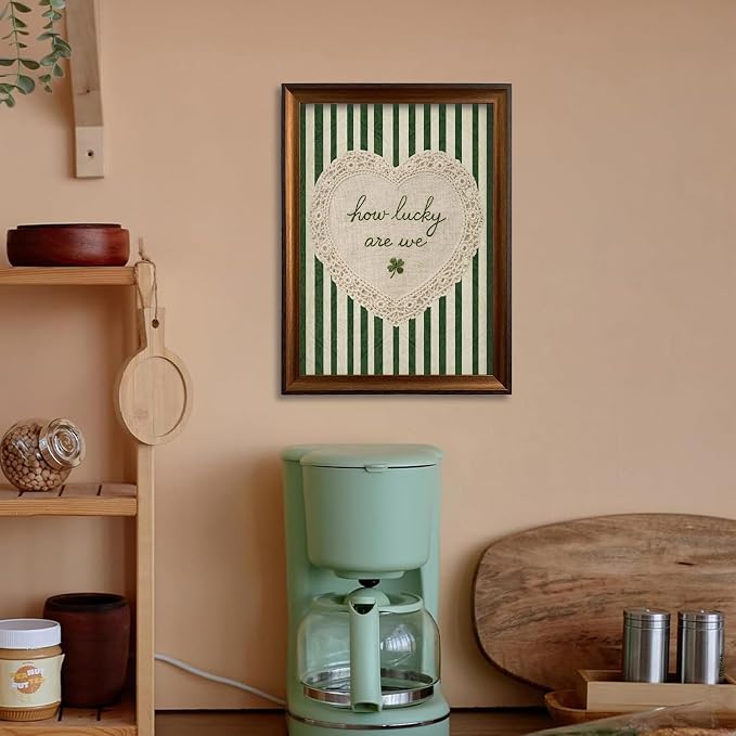 Framed How Lucky Are We Wall Art Vintage Inspirational Quotes Decor Print | Green Striped Lace Heart Aesthetic Painting Poster Trendy Preppy Canvas Picture for Bedroom Collage Ready to Hang 12inx16in