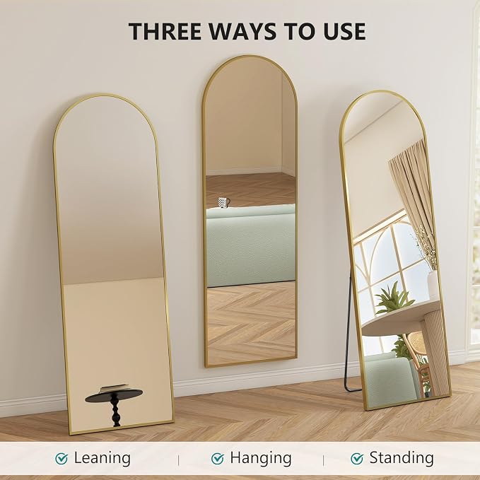 DUMOS 63"x20" Arched Full Length Floor Mirror, Full Body Mirror with Stand | Shatterproof Tempered Glass, Modern Aluminum Alloy Frame, Free Standing or Leaning for Home Decor, Gold