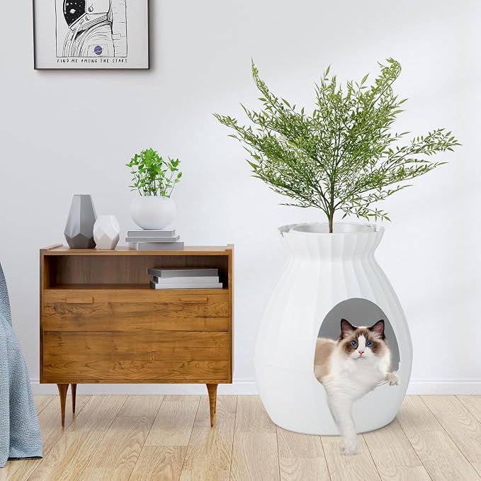 Giantex Cat Litter Box Plant - Hidden Litter Box Furniture with Electronic Odor Removal System, Detachable Door Curtain, Scoop, Cat Litter Box Enclosure Planter Home Decor, Easy to Clean (White)