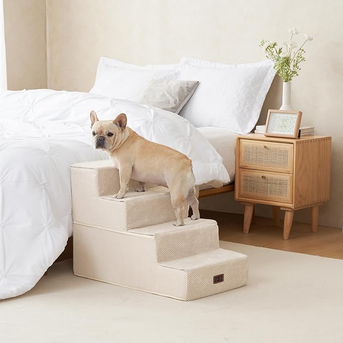 EHEYCIGA Dog Stairs for Bed 20" H, 4-Step Extra Wide Dog Steps, Beige | Pet Steps for Small Dogs and Cats for High Bed, Non-Slip Balanced Pet Ramp Indoor