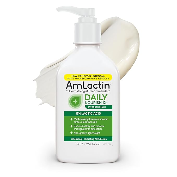 AmLactin Daily Nourish - Therapeutic Body Lotion for Dry Skin - No-Scrub Exfoliator and Moisturizer with 12% Lactic Acid AHA, 7.9 oz (Packaging May Vary)