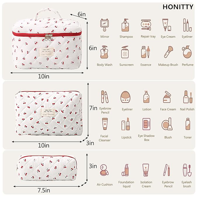 honitty Makeup Bag,Quilted Cosmetic Bags,Large Floral Make Up Organize bag,Makeup Bag Set for Women,Flower Travel Toiletry Bag