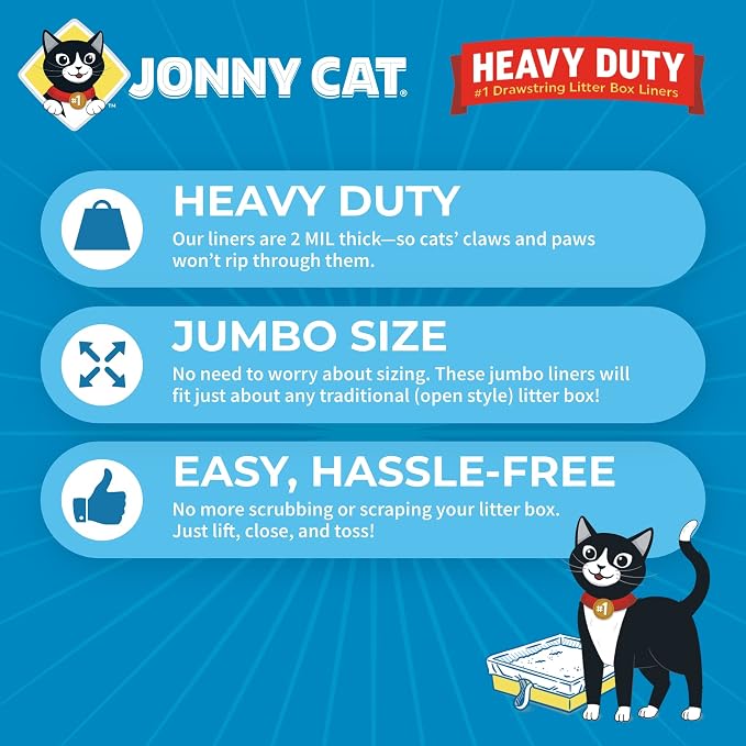 Jonny Cat Litter Box Liners: Heavy Duty - Tear & Leak Resistant - Drawstring Close - Jumbo, 1 Count (Pack of 30)