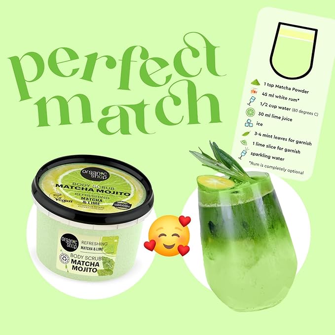 Organic Shop Matcha & Lime, Refreshing & Exfoliating Body Scrub, 100% Vegan & Organic, Daily Exfoliant, Detox & Moisturizer, Body, Face, Hand & Foot, Intensive Care & Skin Toning. 250ml.