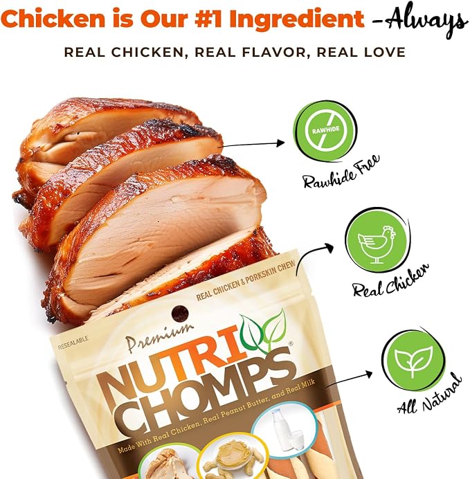 NutriChomps Rawhide Free Dog Chews, Chicken/PB/Milk, 5in Twists, 12ct | Long-lasting chew. High protein, low fat, healthy & delicious treat for dogs.