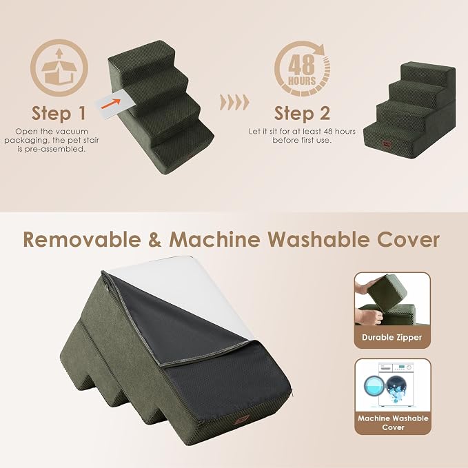 EHEYCIGA Dog Stairs for Bed 18" H, Dog 4-Steps for High Bed, Military Green | Pet Steps for Small Dogs and Cats, Non-Slip Balanced Pet Ramp Indoor