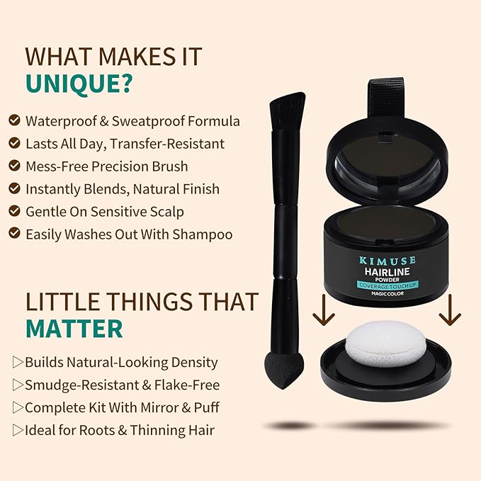 KIMUSE Hairline Powder, Root Touch Up Hair Color, Instantly Conceals Hair Loss, Bald Spot Thin Hair Powder with Dual-ended Hairline Brush for Women and Men, Transfer-proof & Sweat-proof