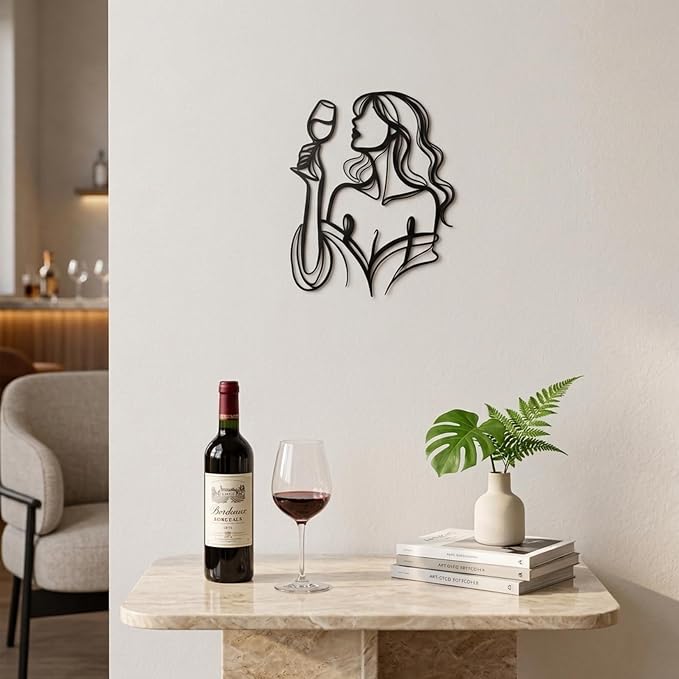 LIYAOLI Black Metal Wall Art Decor, 3D Woman Drinking Wine Sculpture for Bar, Kitchen