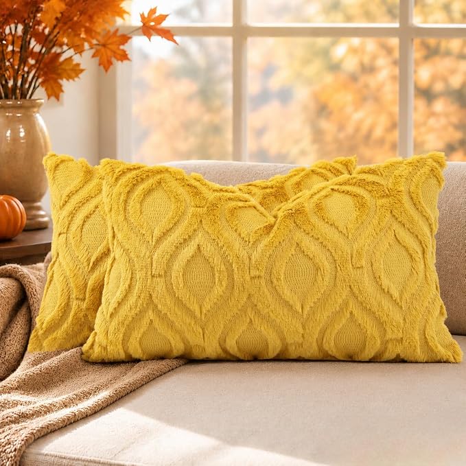 decorUhome Faux Fur Mustard Yellow Throw Pillow Covers 12x20 Set of 2 | Plush Solid Fall Couch Pillow Covers, Accent Modern Farmhouse Neutral Decorative Soft Pillow Cases for Sofa Bed Living Room