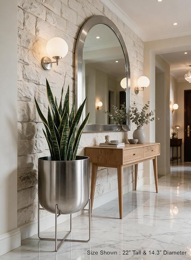 Serene Spaces Living Gold Planter with Detachable Metal Stand, Decorative Indoor Planter Pot, Flower Pots Stand for Living Room, Kitchen, Office, in 3 Sizes (Silver - Wide)