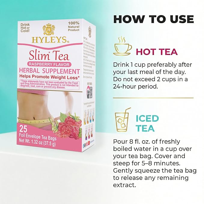 Hyleys Slim Tea Raspberry Flavor - Weight Loss Herbal Supplement Cleanse and Detox - 25 Tea Bags (12 Pack)