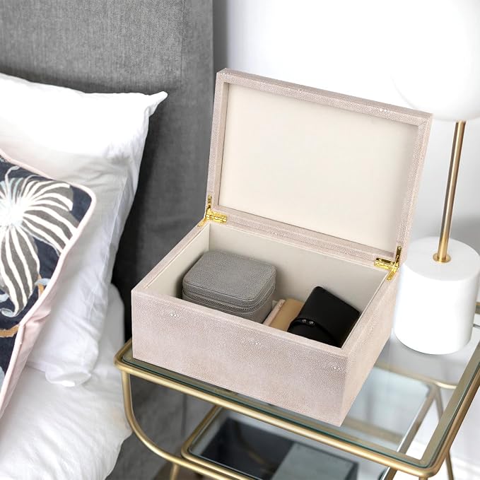 HofferRuffer Faux Leather Decorative Box, Large Wooden Structure Keepsake Box Accessory Organizer Jewelry Organizer with Hinged Lid, Storage Container for Home or Office (LightGrey Shagreen)