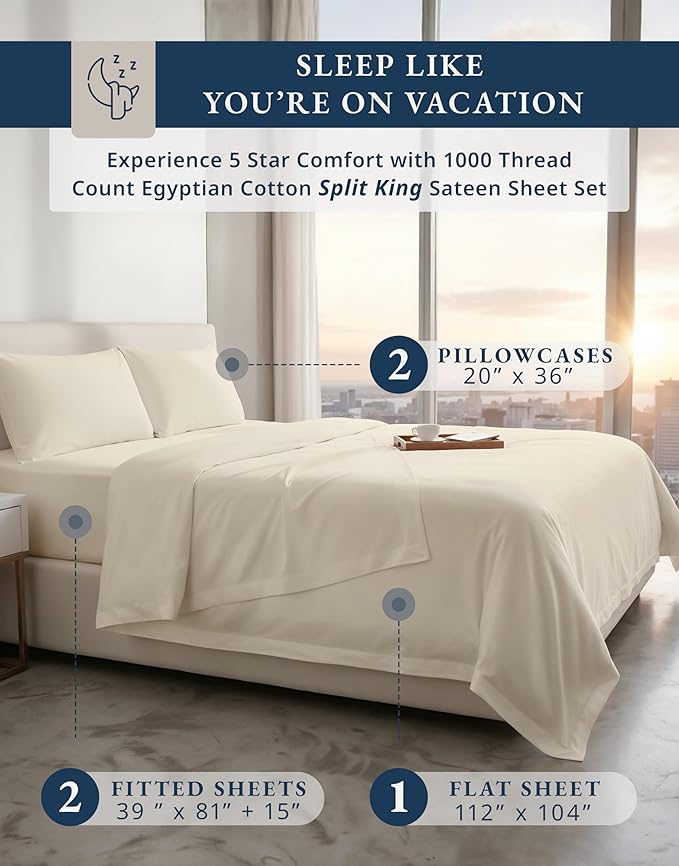 LANE LINEN 100% Egyptian Cotton Split King Bed Sheets for Adjustable Beds - 1000 Thread Count, Soft & Comfy Sateen Weave for Silky Smooth Finish, Available in Variety of Colors -Ivory