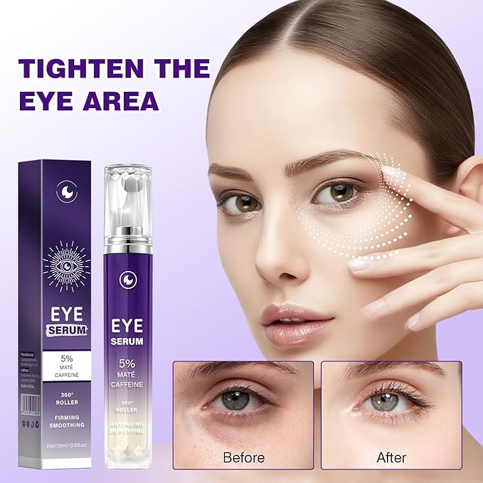 5% Caffeine Eye Serum, Eye Serum Cream Under Eye Roller Cream for Dark Circles and Puffiness Eye Care Eye Roller Serum with 360° Massage Ball, Eye Treatment Balm for Women