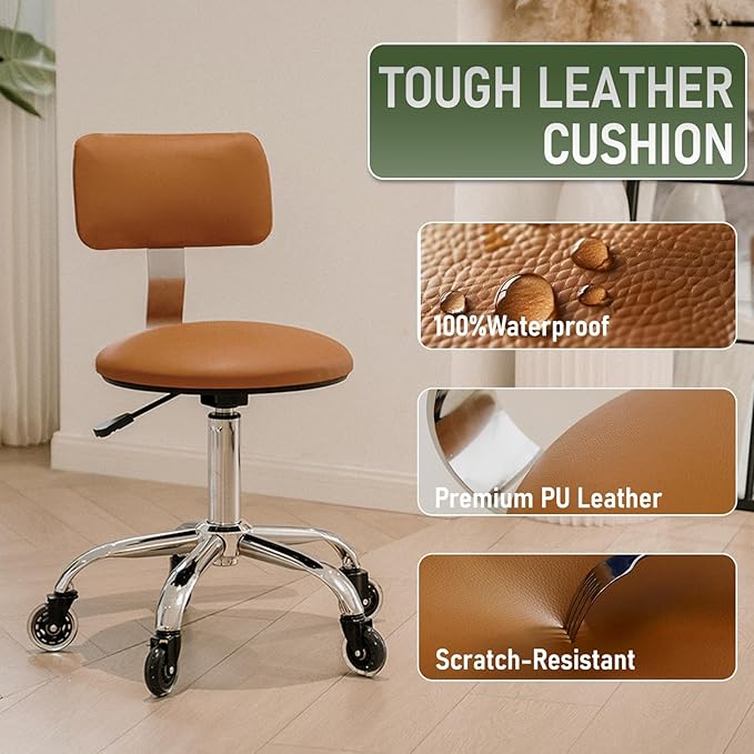 Rolling Stool Chair with Wheels, Height Adjustable Stool with Back Support, Heavy Duty Rolling Shop Chair with PU Leather Seat Cushion for Salon Spa Massage Kitchen Vanity Garage Tattoo Dentist(Camel)