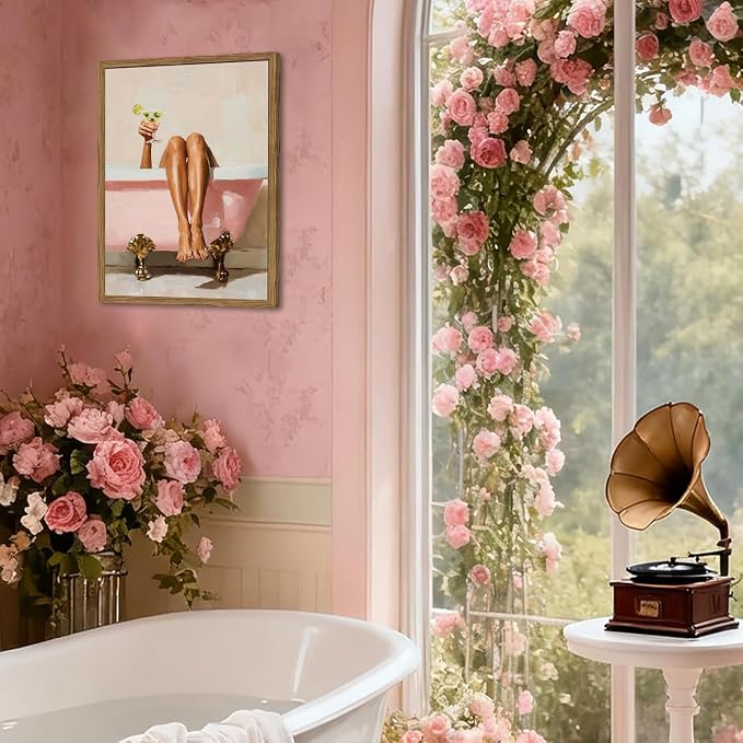 Funny Girl Bathroom Wall Art Pink Cute Girly Bathtub Wall Decor Picture, Trendy Girl Bathroom Martini Cocktail Poster Canvas Print Painting Minimalist Cute Woman Artwork 12x16 inch Wood Framed