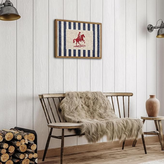 Vintage Western Wall Art Mid Century Striped Cowboy Wall Decor Painting Blue and White Southwest Poster Canvas Print for Bedroom Lving Room 12x16 inch Wood Framed