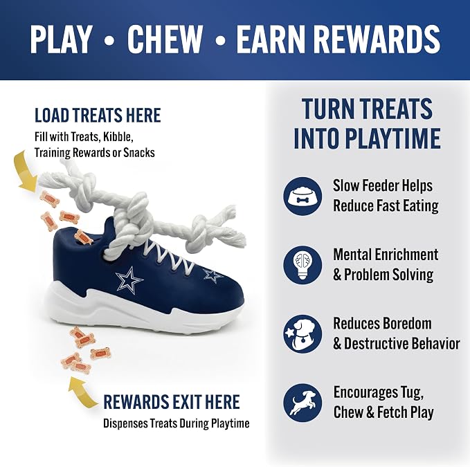 Pets First NFL Dallas Cowboys Cleat Sneaker Spike Dog Toy, Football Treat Dispenser Chew Toy for Dogs, Interactive Rope Tug Toy, Slow Feeder Natural Rubber Dog Toy with Official Team Logo