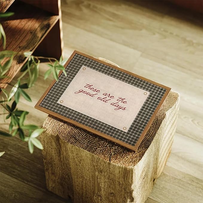 Framed These Are The Good Old Days Wall Art, Vintage Family Inspirational Quote Pictures Wall Decor, Retro Green Gingham Paintings Prints Motivational Home Decor for Living Room Bedroom 12x16 inch