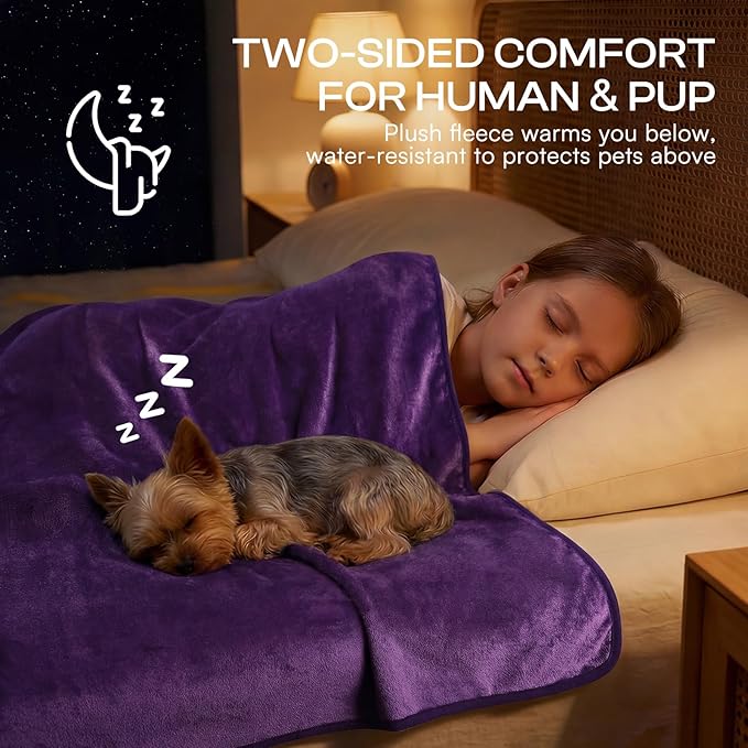 Luciphia Waterproof Pet Blanket, Washable Reversible Sherpa Fleece Throw | Liquid-proof furniture protector for bed and couch, soft reversible sherpa fleece for dogs, cats purple, L
