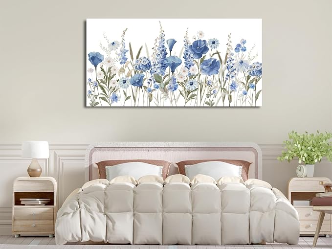 arteWOODS Elegant Flowers Wall Art - Blue White Botanical Pictures for Wall Decor Floral Blossom Canvas Painting Print Artwork for Living Room Bedroom Home Office Wall Decoration 29" x 58"