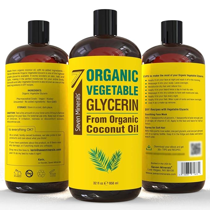 Seven Minerals, Organic Vegetable Glycerin - Big 32 fl oz Bottle - No Palm Oil, Made with Organic Coconut Oil - Therapeutical Grade Glycerine for DIYs - Hair, Nails & Skin Moisturizer - Non-Gmo