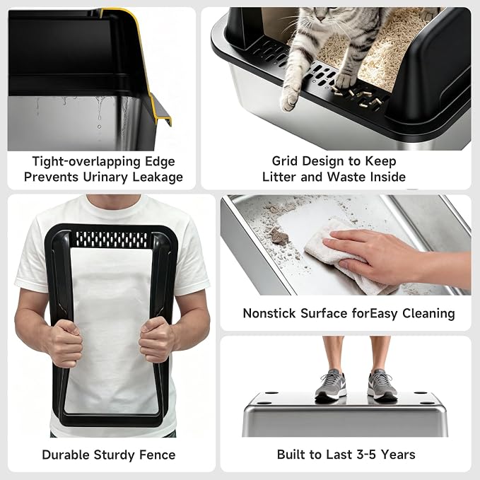 High-Sided Stainless Steel XL Cat Litter Box for Cats | High-Sided Design Prevents Urine Leakage,Non-Stick,Easy to Clean,Includes Scoop,Black