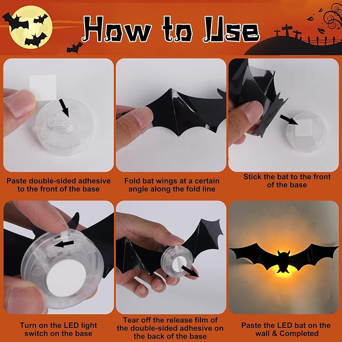 DR.DUDU 36 Pack Light Up Bats Halloween Decorations, Orange | 3D, LED Lights, Wall Decor, Removable Bat Stickers, Indoor Outdoor Window Bathroom Garage Door Home Party Use