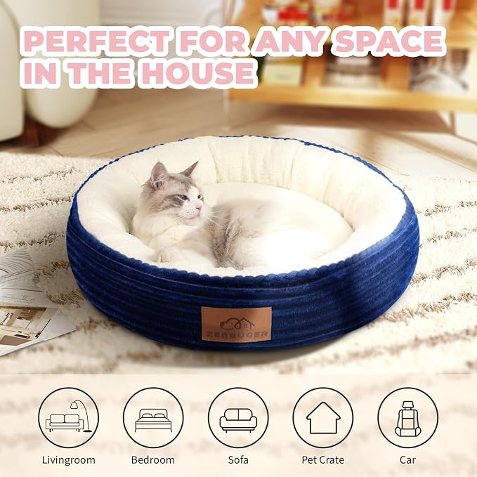 Zerbuger 23in Navy Blue Round Dog Bed Sofa for Dogs Cats, Machine Washable | for Small/Medium/Large Dogs Cats, Foam Pet Couch with Removable Mat Non-Slip Bottom, Pet Cuddler for Indoor/Outdoor/Car/Cage