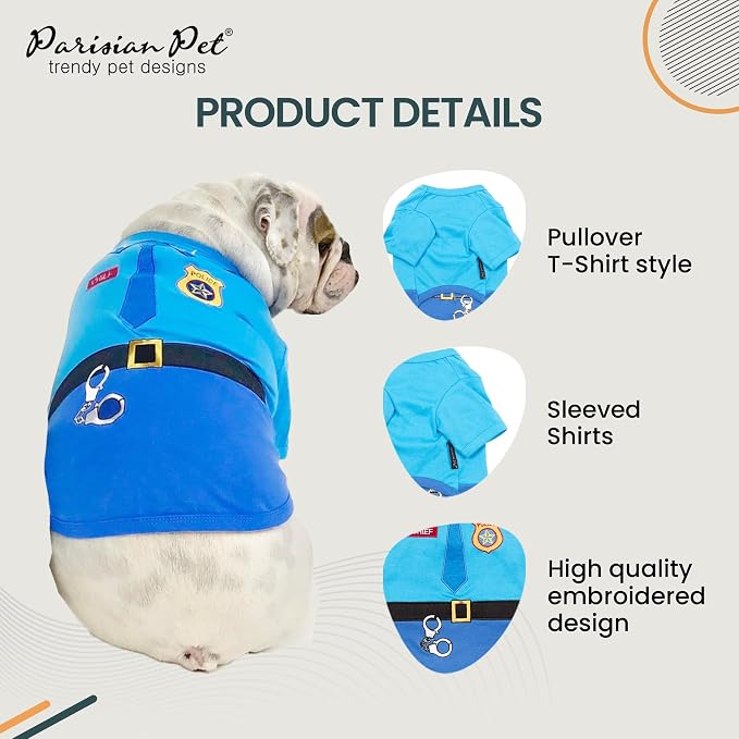 Parisian Pet Police Dog Costume - 100% Cotton Blue Dog Clothes for Large Dogs - Lightweight Puppy Outfits - Funny French Bulldog Clothes - Cute Cop Uniform Pet Shirt - Stretchy T Shirt for Dogs