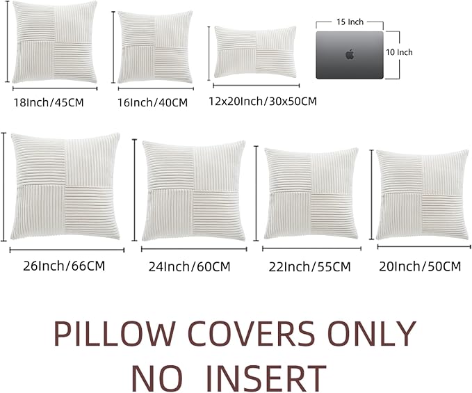 Fancy Homi Cream White Decorative Throw Pillow Covers 16x16 Inch for Living Room Couch Bed Sofa, Rustic Farmhouse Boho Home Decor, Soft Corss Patchwork Corduroy Textured Cushion Case 40x40 cm