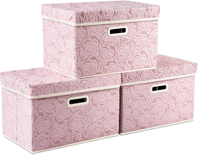 Collapsible Storage Boxes with Lids Fabric Decorative Storage Bins Cubes Organizer Containers Baskets with Cover Handles Divider for Bedroom Closet Living Room 14.9x9.8x9.8 Inch 3 Pack
