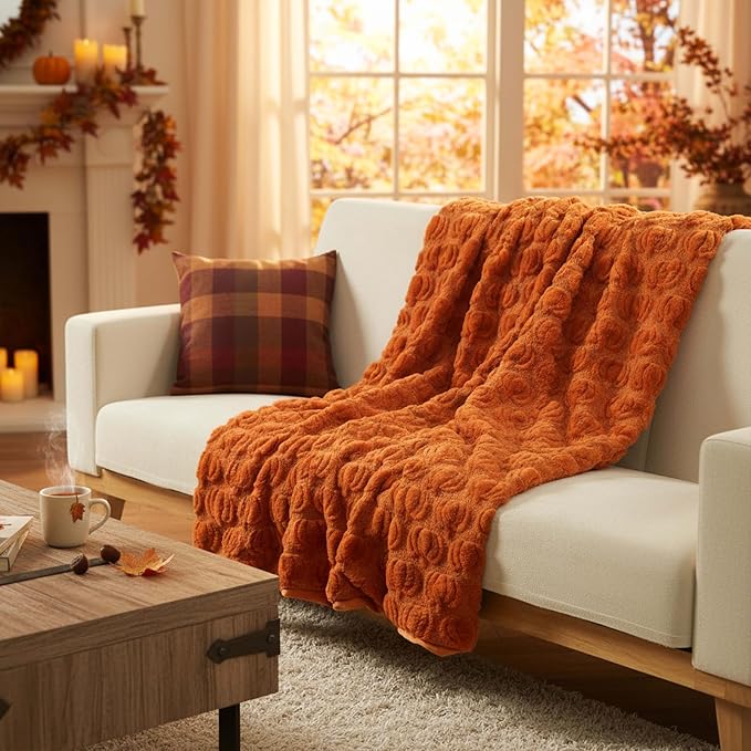 Tegeme Fall Halloween Pumpkin Throw Blanket 50" x 60", 3D Pumpkin Pattern Faux Rabbit Fur Fleece Blanket, Soft Cozy Rust Autumn Throw for Couch Sofa Bed, Thanksgiving Gift for Women Mom(Rust)