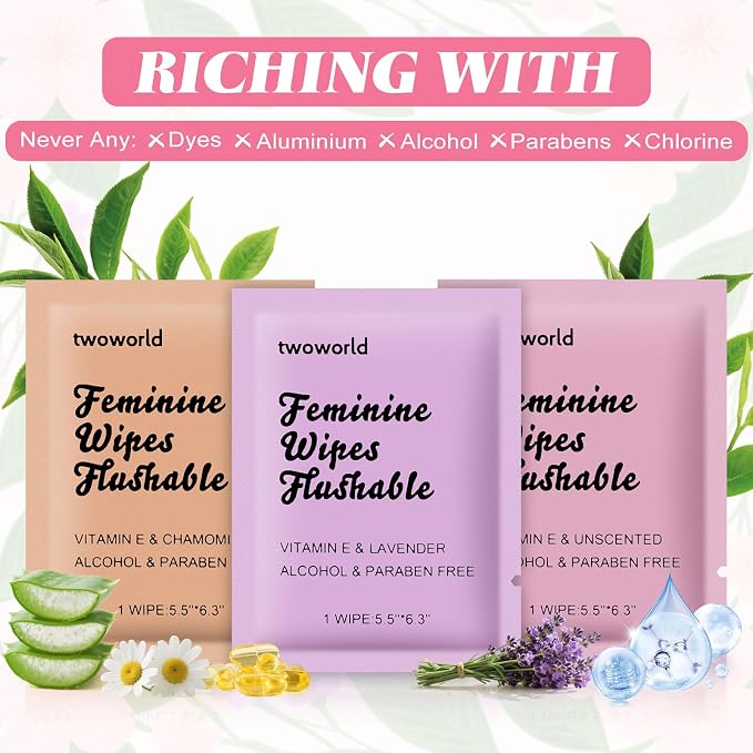 twoworld 60 Feminine Wipes Individually Wrapped,Flushable Wipes Travel | Feminine Care Vaginal Wipes for Adult,Women,Girl and Homeless (Unscented,Lavender and Chamomile)