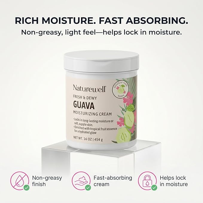 NATURE WELL Guava Fresh & Dewy Body Cream Moisturizer, Infused with Natural Oils & Extracts, Non-Greasy, Light, Helps Lock in Moisture, Enriched with Tropical Fruit Essence for a Healthy Glow, 16 Oz