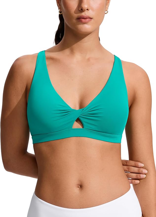 CRZ YOGA Twist Front Cut Out Bikini Tops for Women - Padded V Neck Spaghetti Strap Criss Cross Swim Bathing Suit Bra