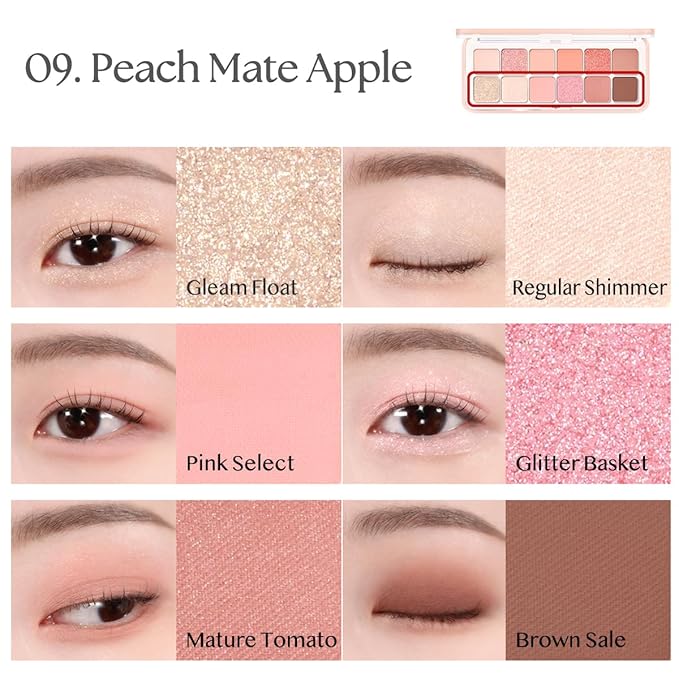 CLIO Pro Eye Palette Air, 12-Color Eye Shadow Palette, Matte Shimmer Mix, Air-Fit Blendable Pigmented Buildable Color, Low Fallout, Peach Coral Neutral Tone, Daily Korean Makeup (09 PEACH MATE APPLE)