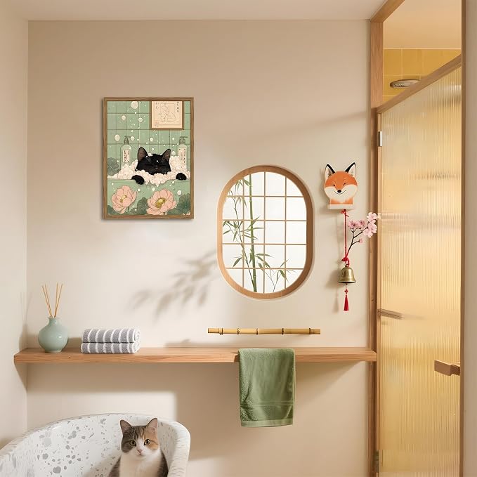 Funny Japanese Black Cat Bathroom Wall Art, Cute Black Cat in Bathtub Wall Decor Picture, Whimsical Japan Animal Bathroom Poster Canvas Prints Painting Artwork 16x24 inch Framed